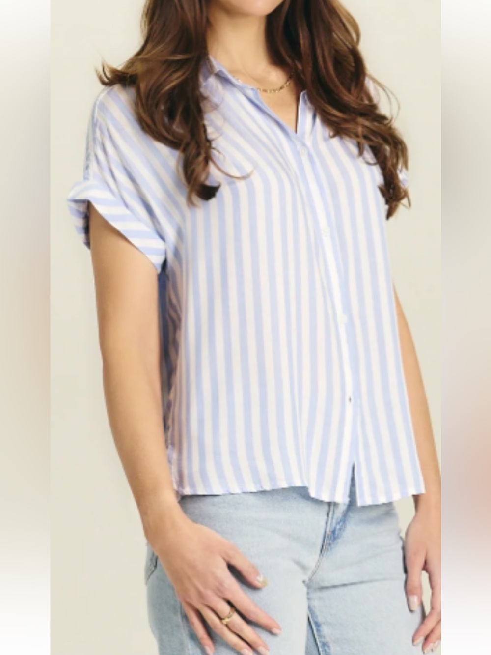 NWT beachlunchlounge Blue and White Striped Short-Sleeve Button Down Shirt Sz L